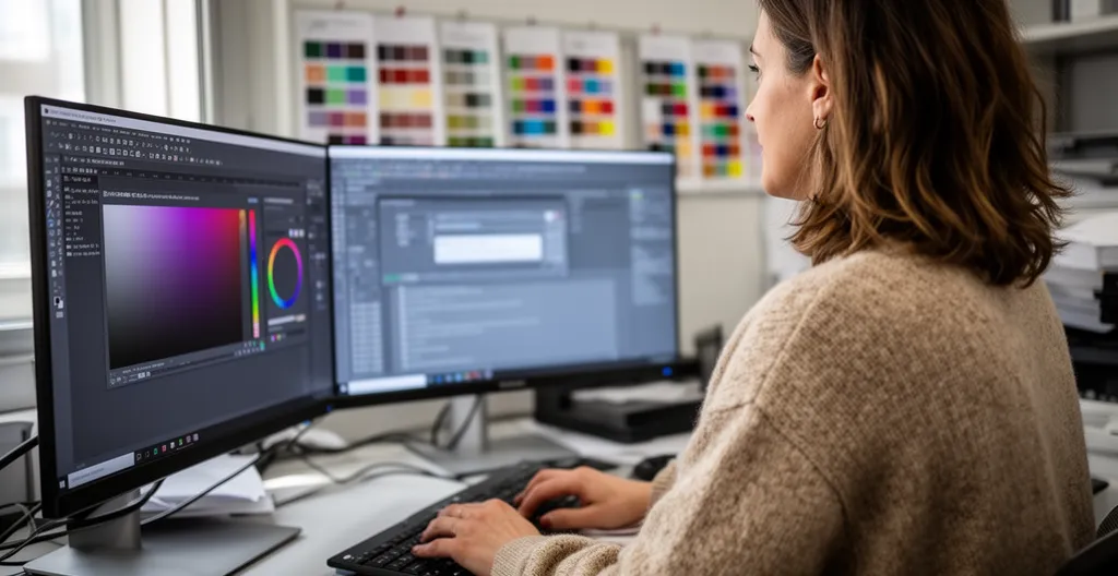 Opératrice prépresse validant un fichier sur station de travail professionnelle avec double écran