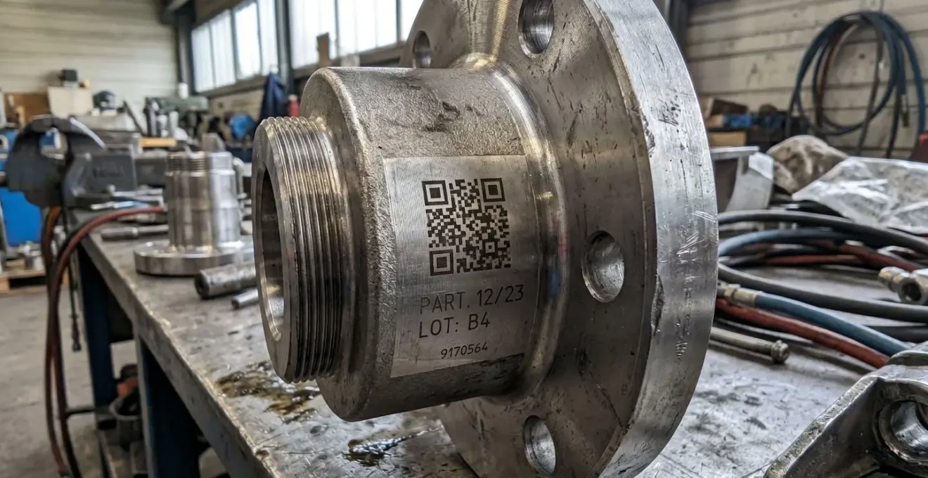 Pièce en acier inoxydable avec un code Datamatrix gravé au laser, détail en gros plan montrant la précision du marquage.