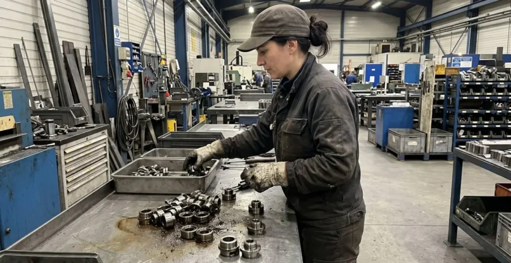 Opérateur vu de profil manipulant des pièces métalliques huilées dans un atelier industriel contemporain. Opérateur vu de profil manipulant des pièces métalliques huilées dans un atelier industriel contemporain.